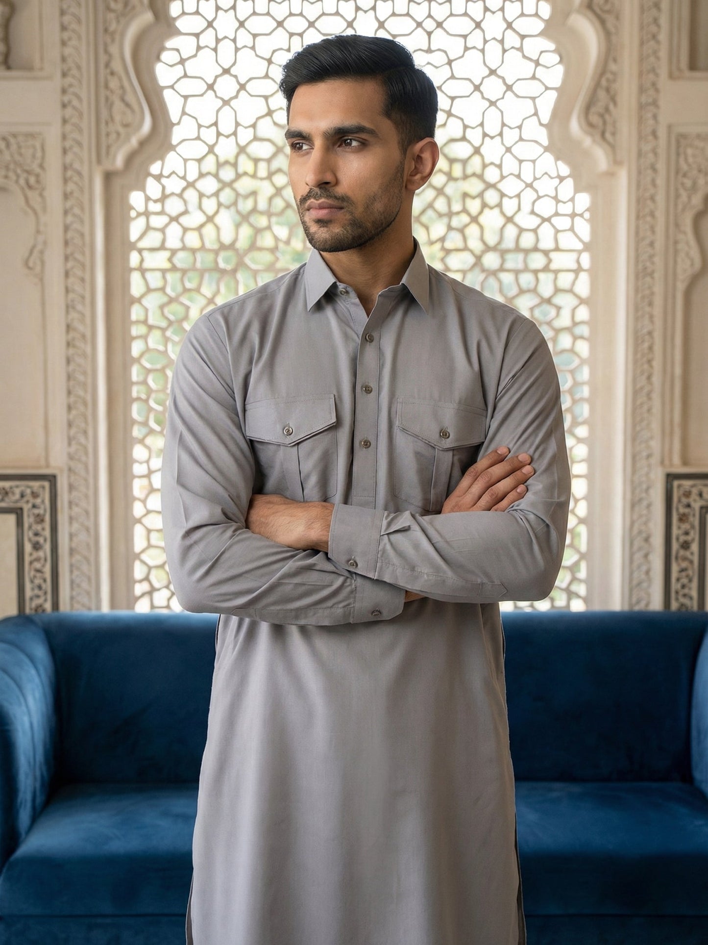 Men's Solid Pathani Kurta with Salwar ( JOKP 5212Grey ) [FF] [O-15-16]
