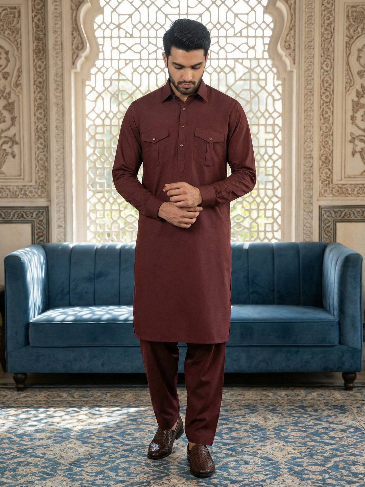 Men's Solid Pathani Kurta with Salwar ( JOKP 5212Maroon S ) [FF] [O-15-16]