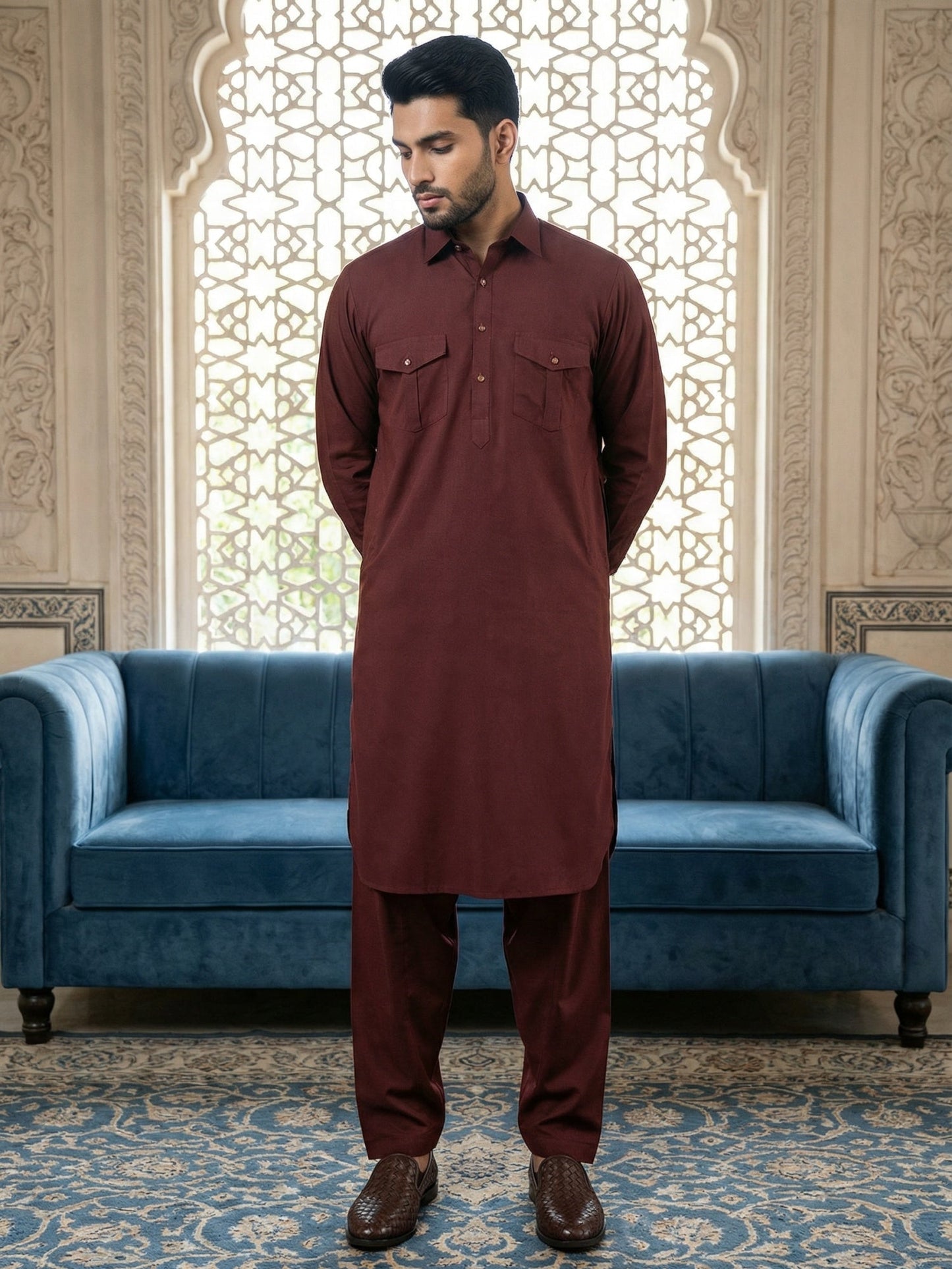 Men's Solid Pathani Kurta with Salwar ( JOKP 5212Maroon S ) [FF] [O-15-16]
