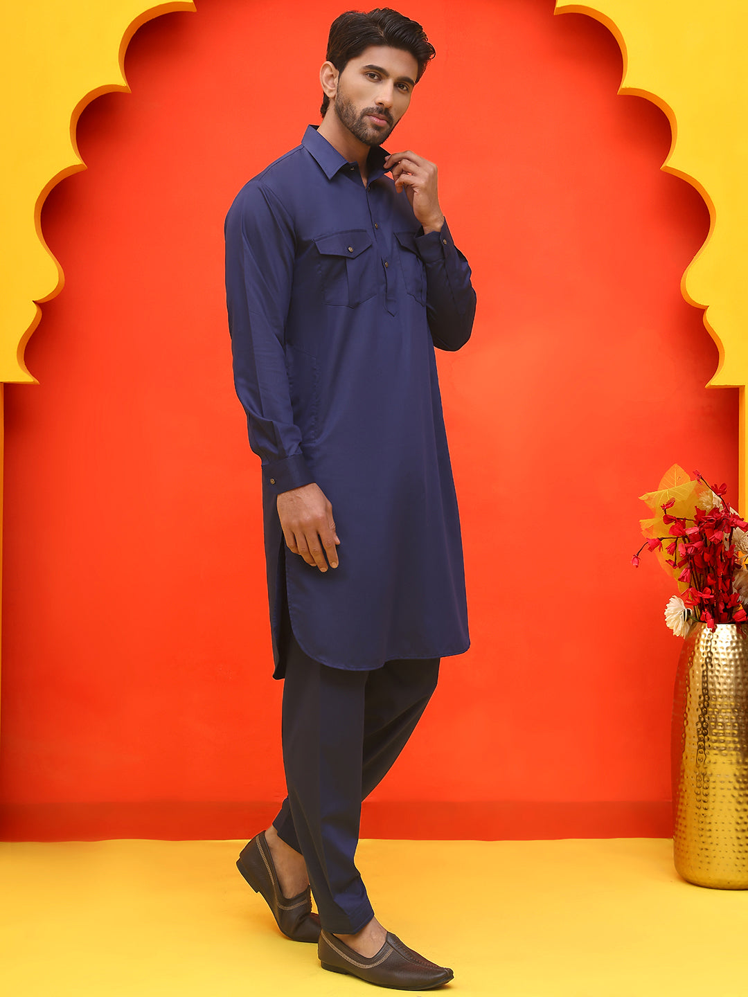 Men's Solid Pathani Kurta with Salwar ( JOKP P 5212 Navy )