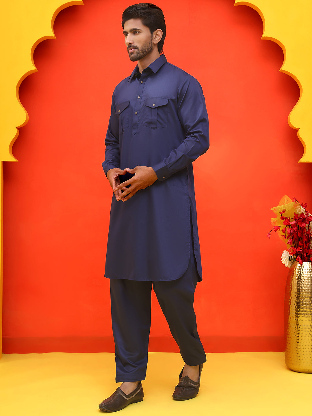 Men's Solid Pathani Kurta with Salwar ( JOKP P 5212 Navy )