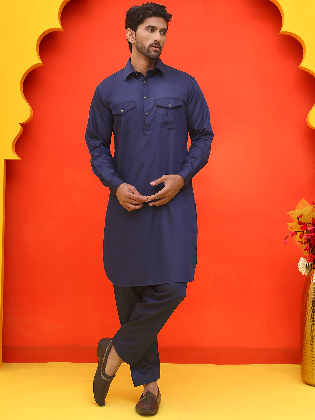 Men's Solid Pathani Kurta with Salwar ( JOKP P 5212 Navy )