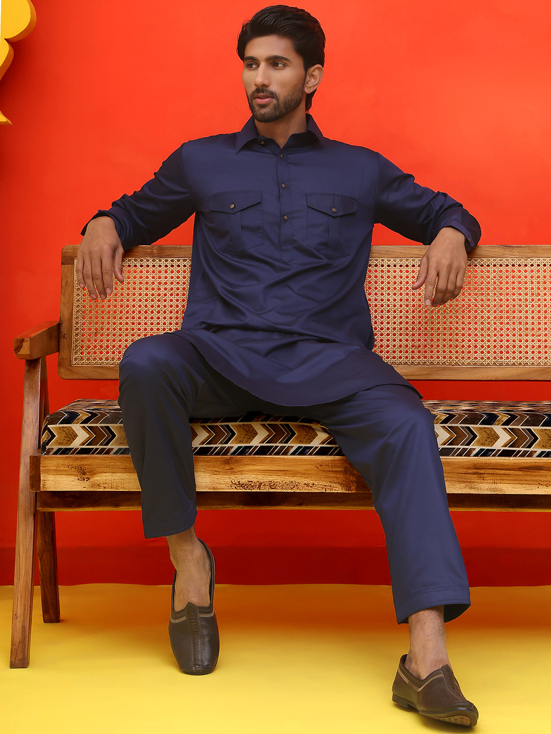 Men's Solid Pathani Kurta with Salwar ( JOKP P 5212 Navy )