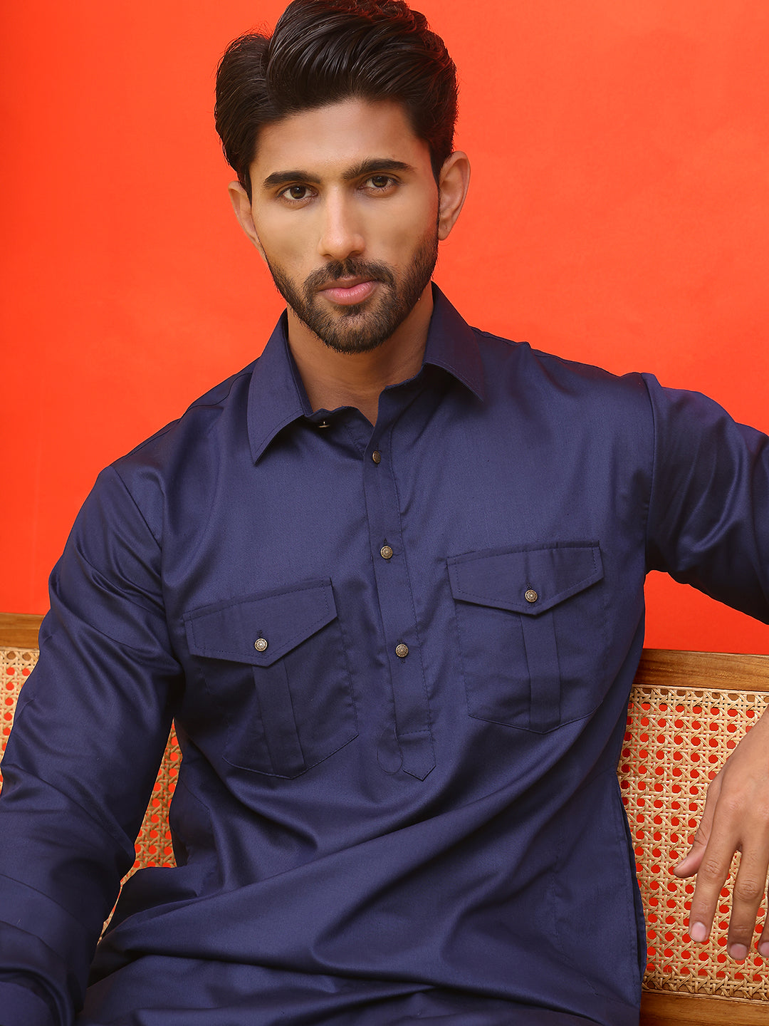 Men's Solid Pathani Kurta with Salwar ( JOKP P 5212 Navy )