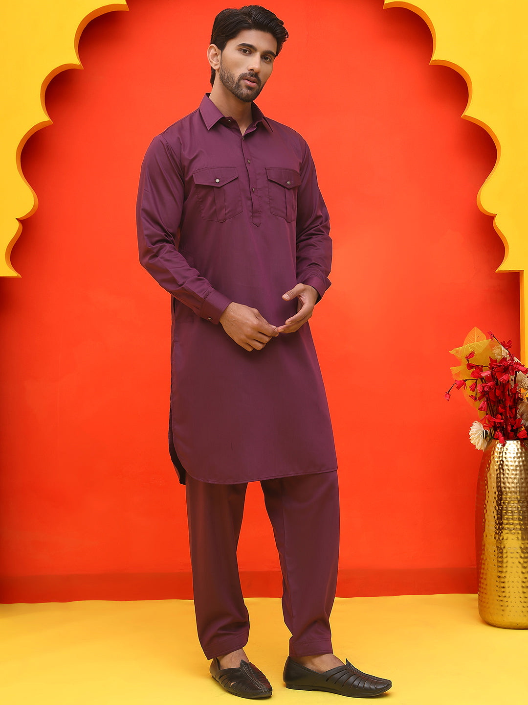 Men's Solid Pathani Kurta with Salwar ( JOKP P 5212 Purple )