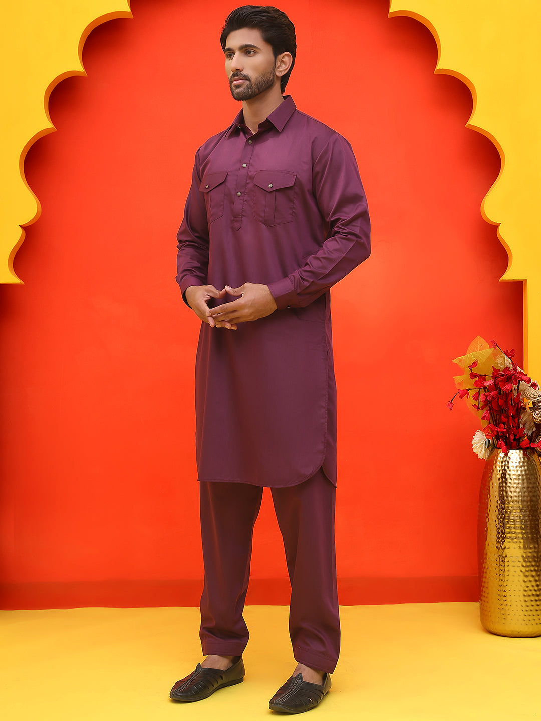 Men's Solid Pathani Kurta with Salwar ( JOKP P 5212 Purple )