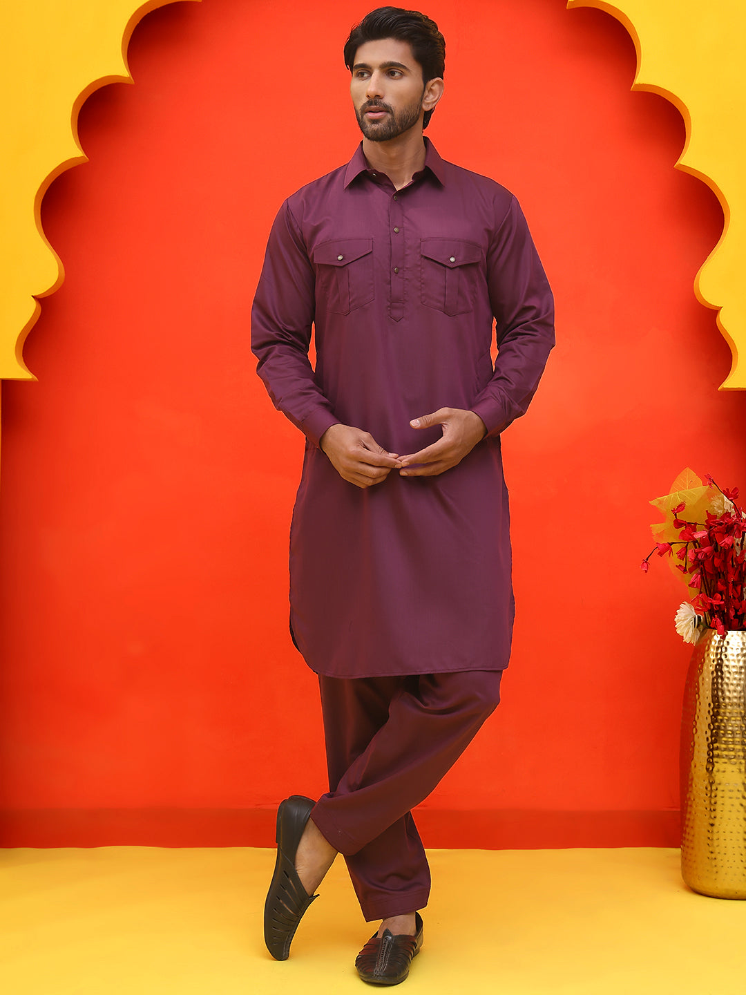 Men's Solid Pathani Kurta with Salwar ( JOKP P 5212 Purple )