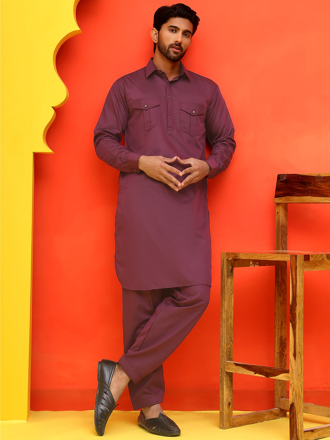 Men's Solid Pathani Kurta with Salwar ( JOKP P 5212 Purple )
