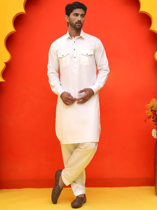 Men's Solid Pathani Kurta with Salwar ( JOKP P 5212 White )