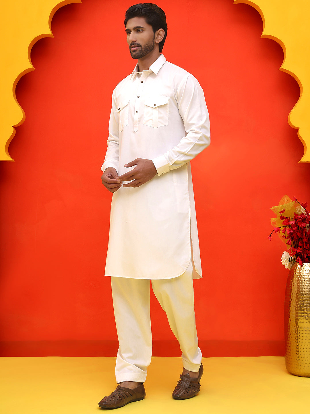 Men's Solid Pathani Kurta with Salwar ( JOKP P 5212 White )