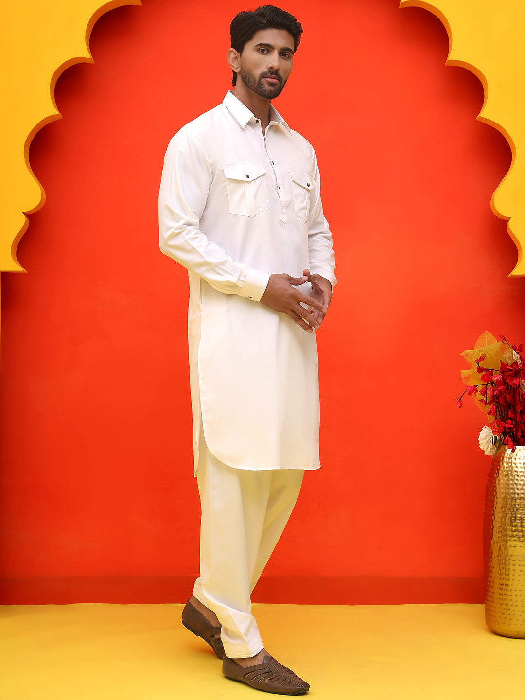 Men's Solid Pathani Kurta with Salwar ( JOKP P 5212 White )