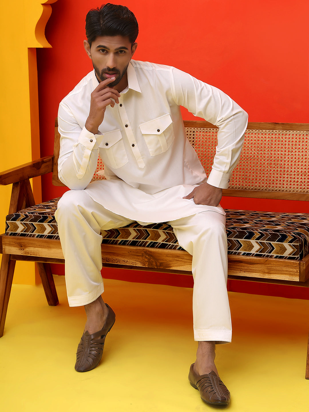 Men's Solid Pathani Kurta with Salwar ( JOKP P 5212 White )