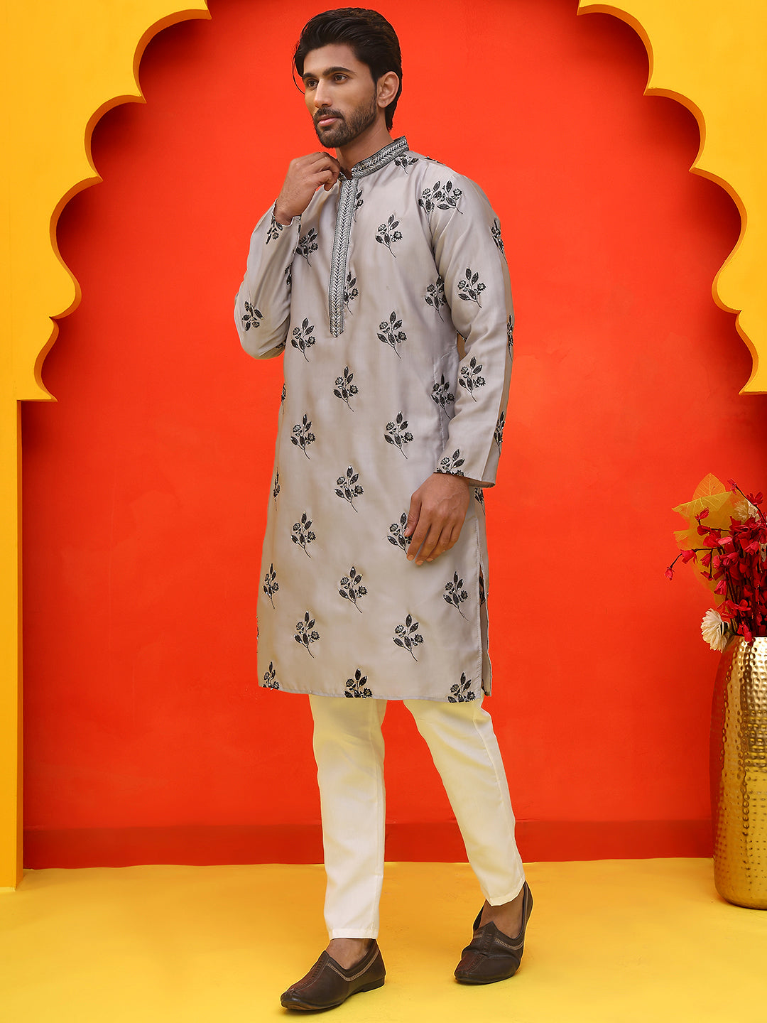 Chikankari Embroidered Kurta Pyjama For Men ( JOKP P 5213 Grey )