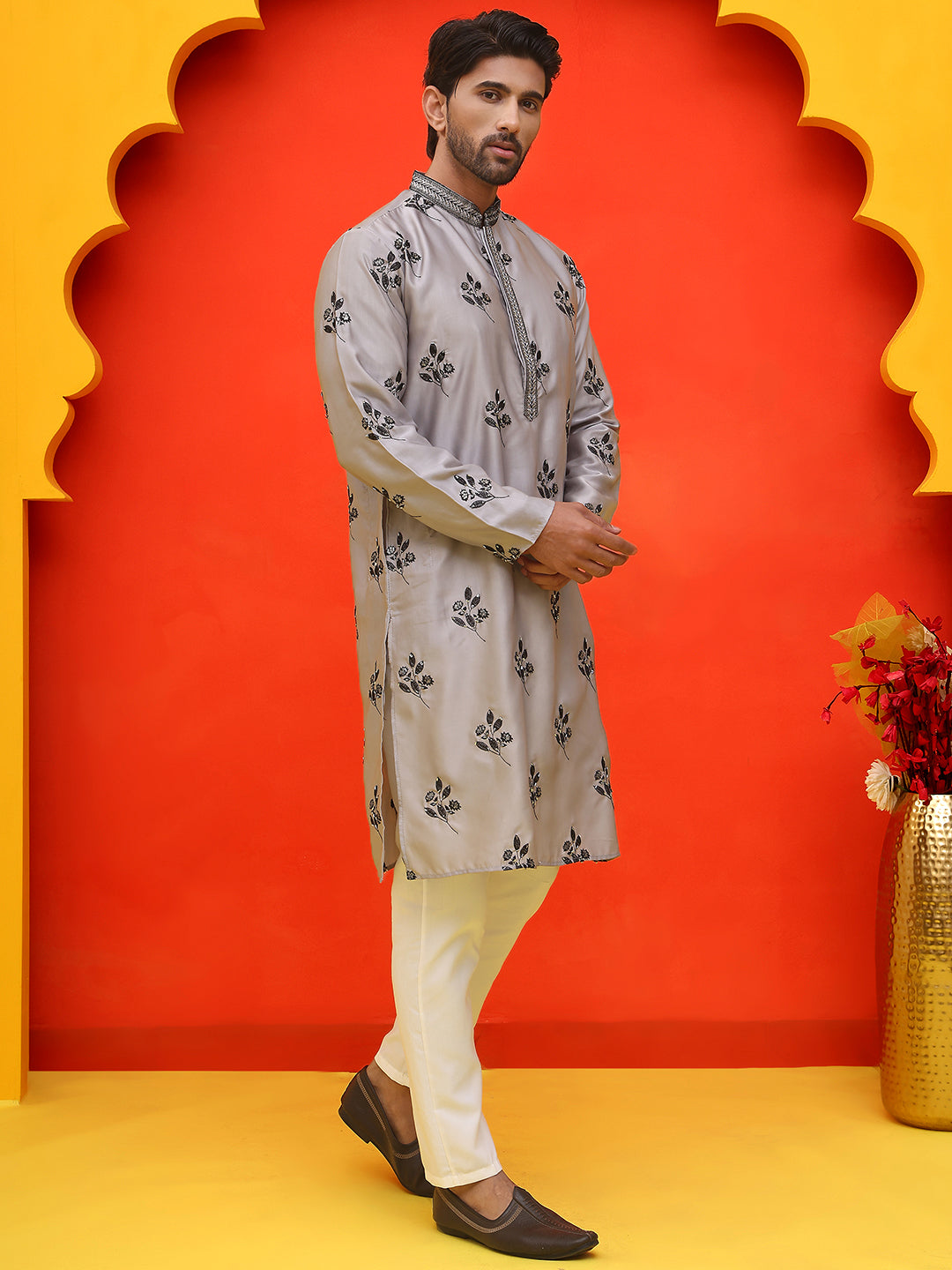 Chikankari Embroidered Kurta Pyjama For Men ( JOKP P 5213 Grey )