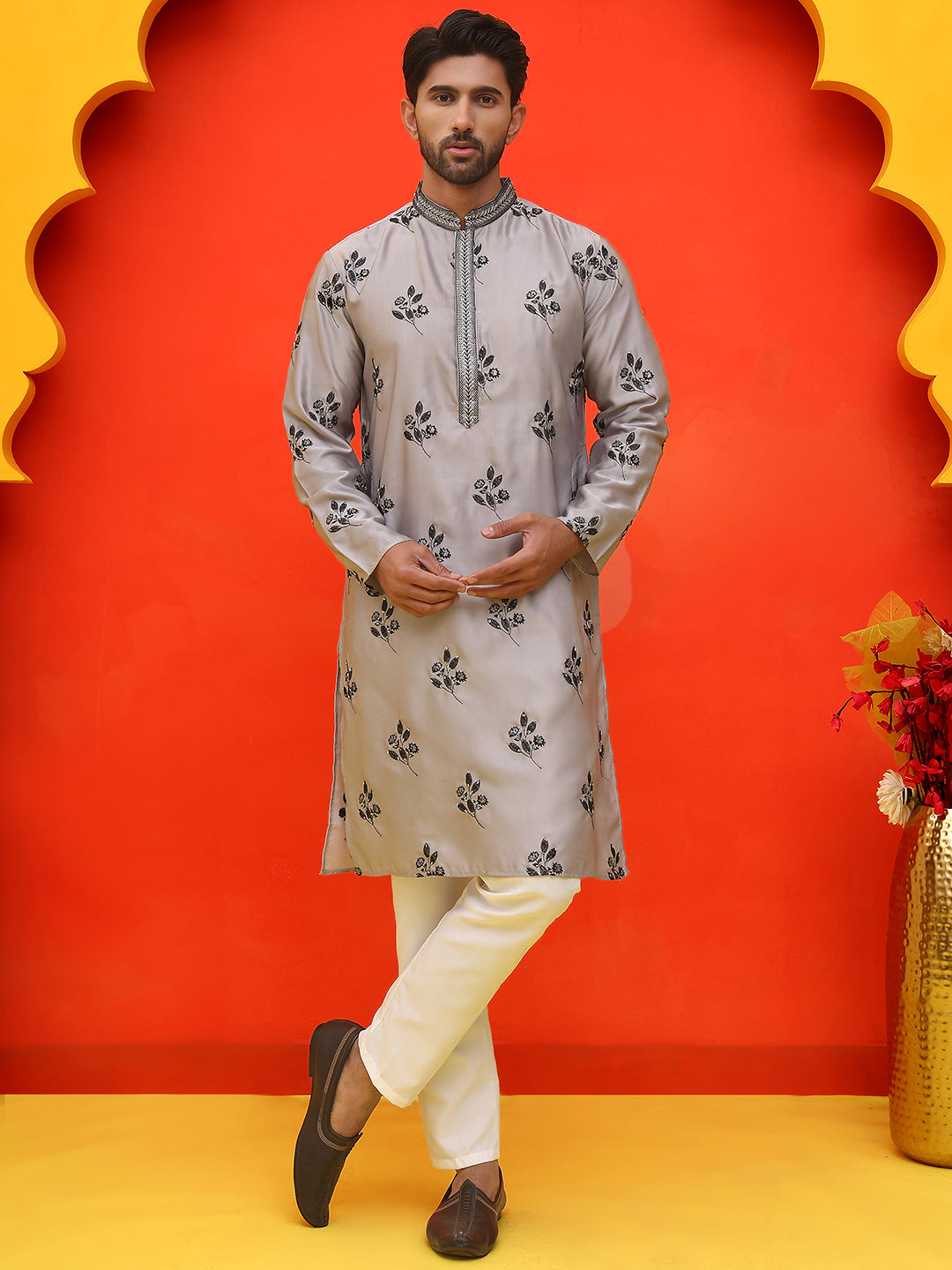 Chikankari Embroidered Kurta Pyjama For Men ( JOKP P 5213 Grey )