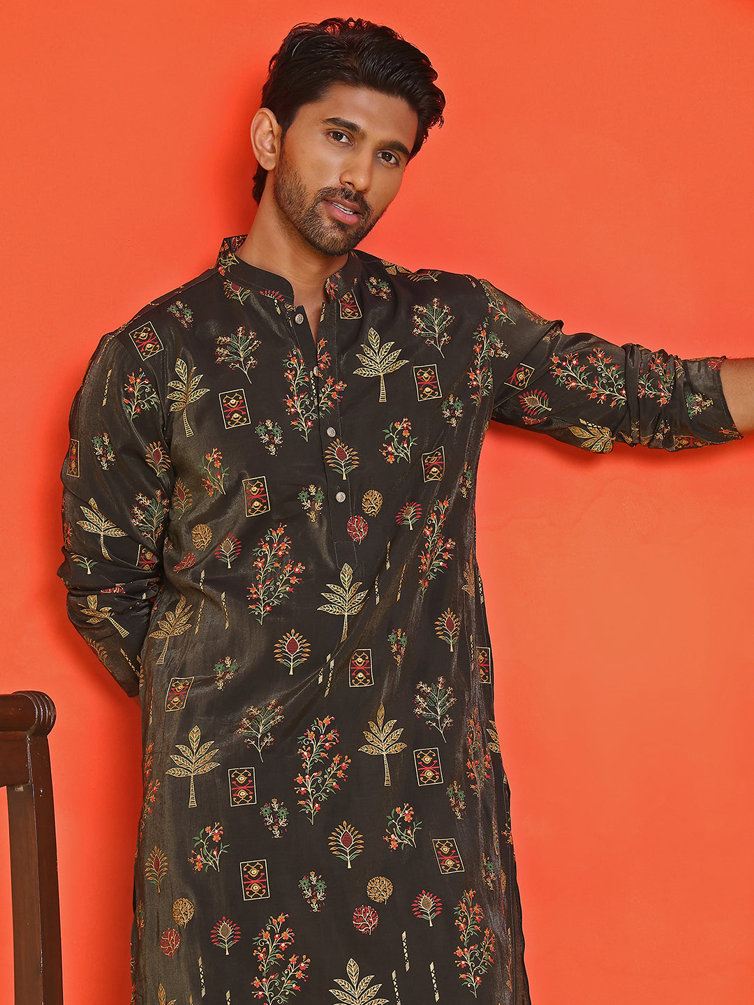 Printed Silk Blend Straight Kurta Set ( JOKP P 5218 Black )