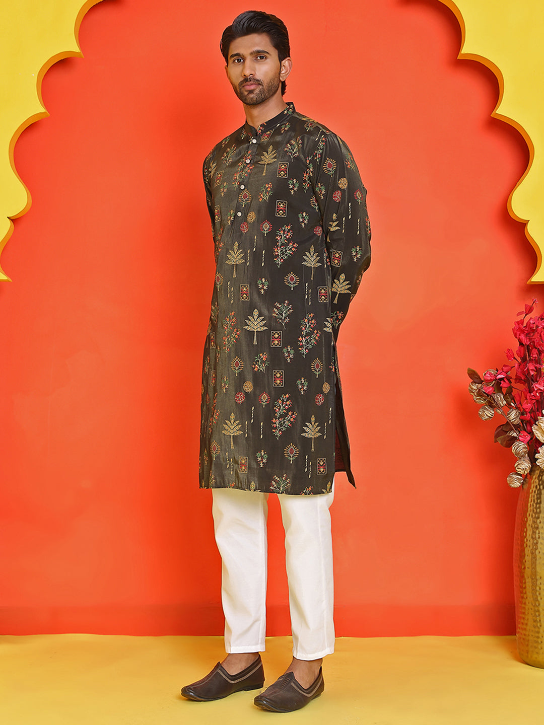 Printed Silk Blend Straight Kurta Set ( JOKP P 5218 Black )