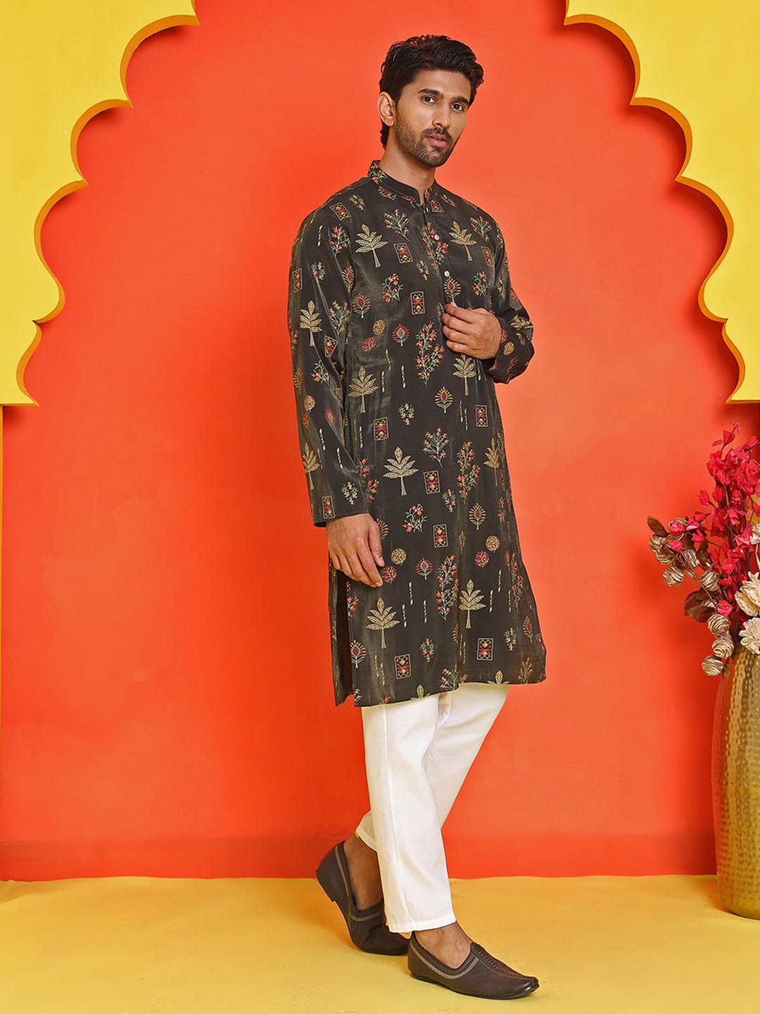 Printed Silk Blend Straight Kurta Set ( JOKP P 5218 Black )