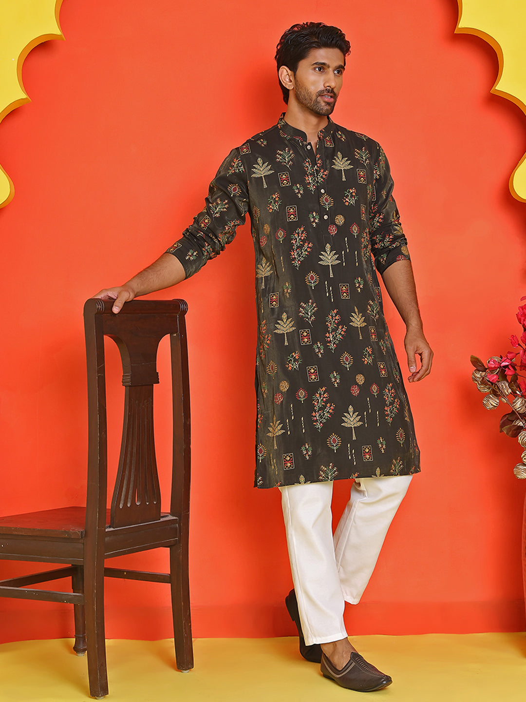 Printed Silk Blend Straight Kurta Set ( JOKP P 5218 Black )