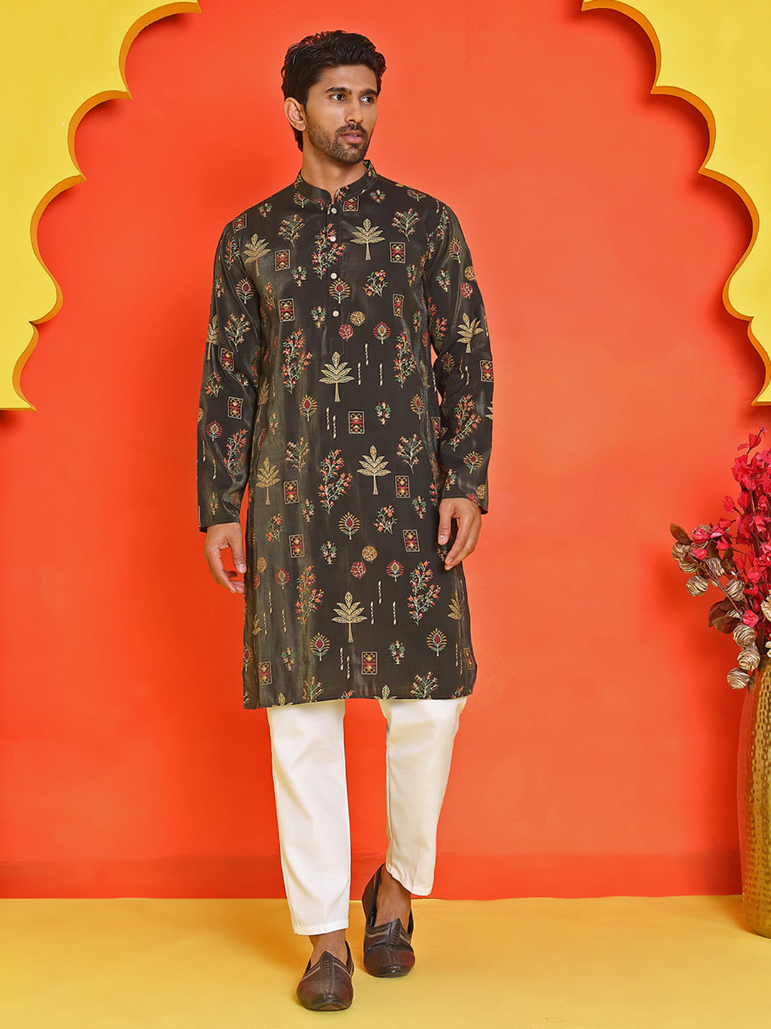 Printed Silk Blend Straight Kurta Set ( JOKP P 5218 Black )