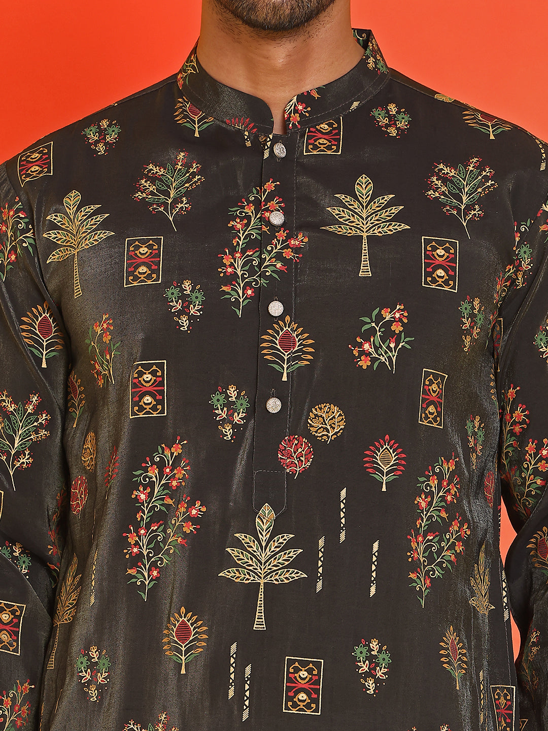 Printed Silk Blend Straight Kurta Set ( JOKP P 5218 Black )