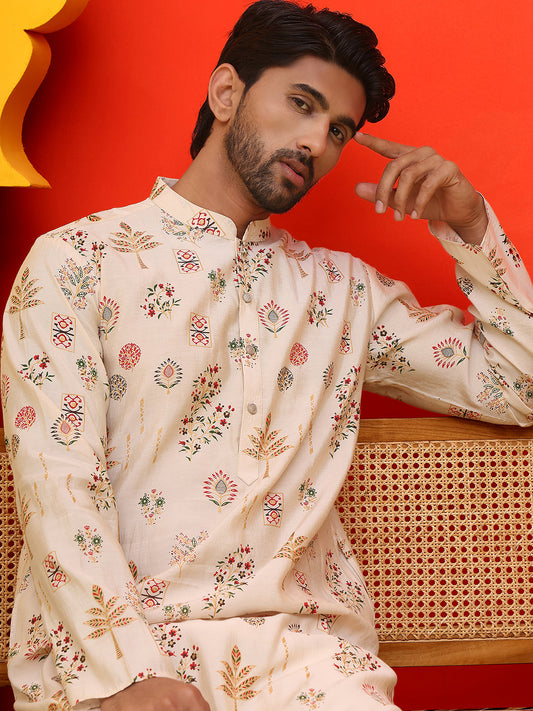 Printed Silk Blend Straight Kurta Set ( JOKP P 5218 Cream )