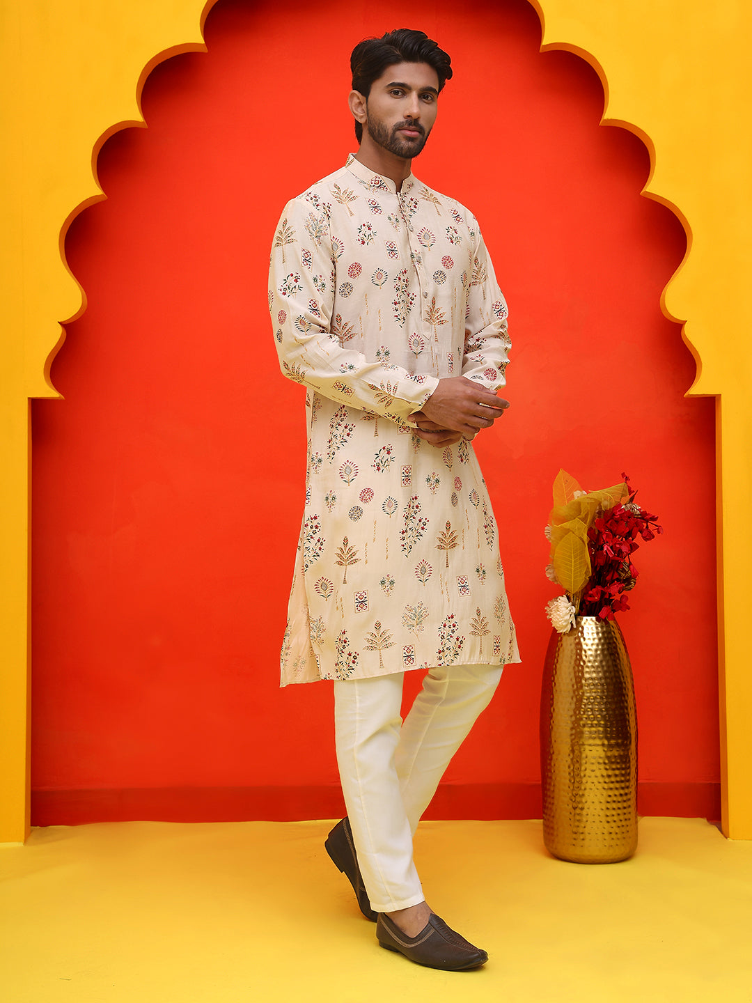 Printed Silk Blend Straight Kurta Set ( JOKP P 5218 Cream )