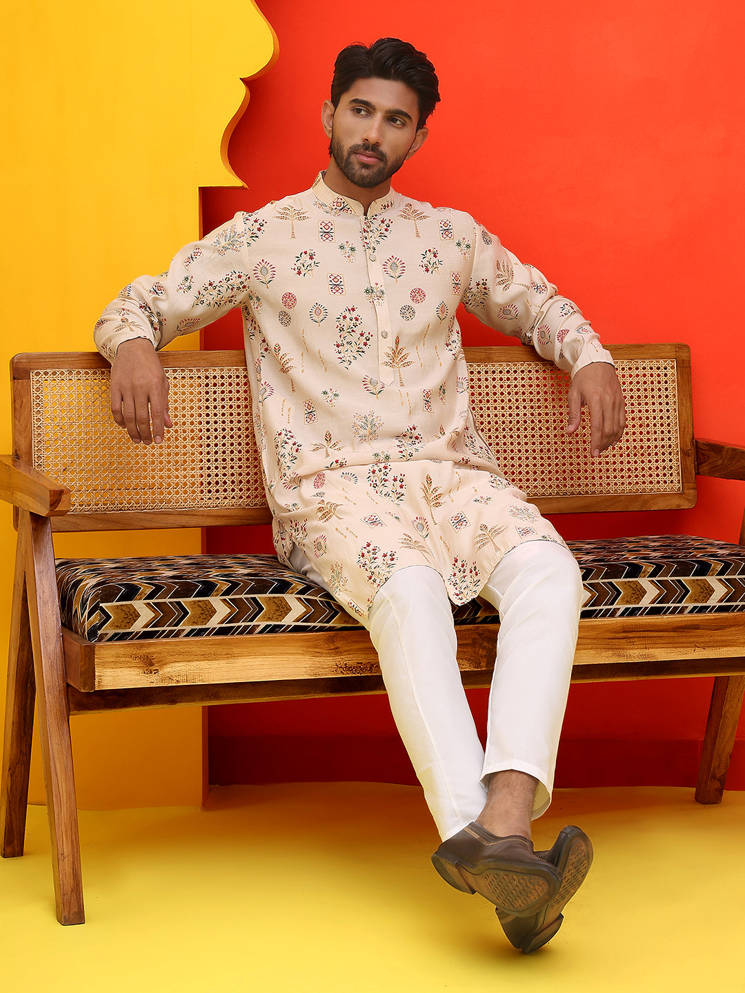 Printed Silk Blend Straight Kurta Set ( JOKP P 5218 Cream )