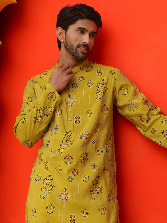 Printed Silk Blend Straight Kurta Set ( JOKP P 5218 Mustard )