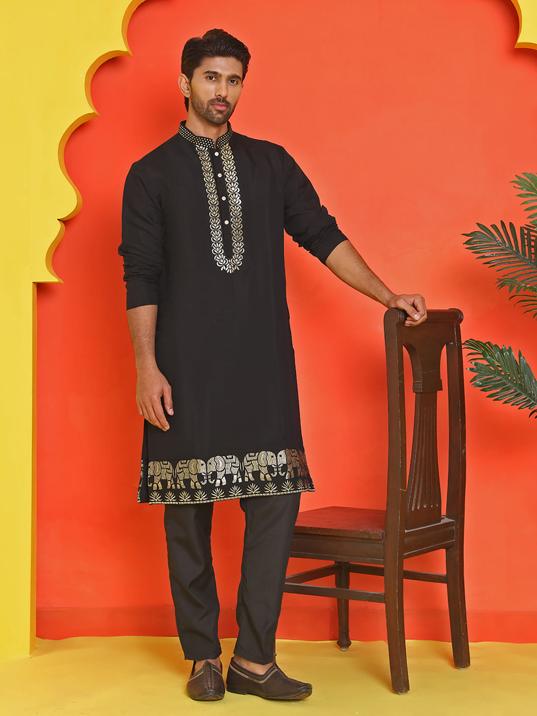 Embroidered Chikankari Kurta Pyjama For Men ( JOKP B-P 5219 Black )