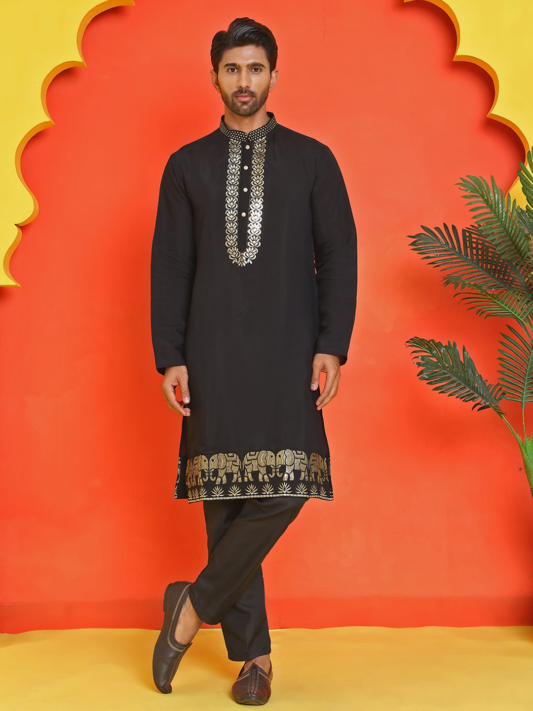 Embroidered Chikankari Kurta Pyjama For Men ( JOKP B-P 5219 Black )