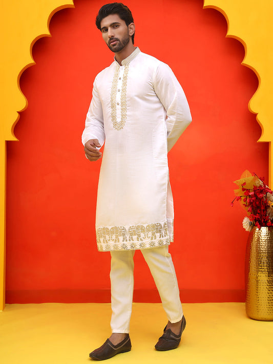 Embroidered Chikankari Kurta Pyjama For Men ( JOKP P 5219 White )