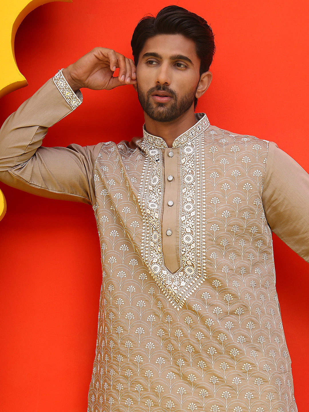 Embroidered Kurta Pyjama For Men ( JOKP P 5220 Grey )