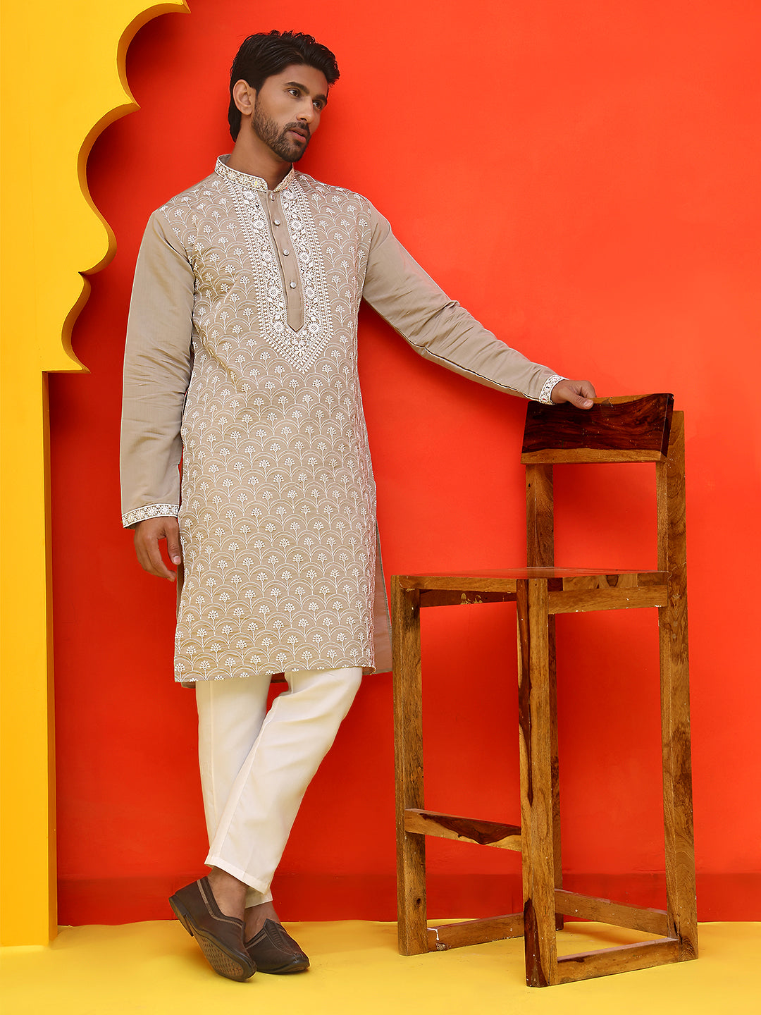 Embroidered Kurta Pyjama For Men ( JOKP P 5220 Grey )