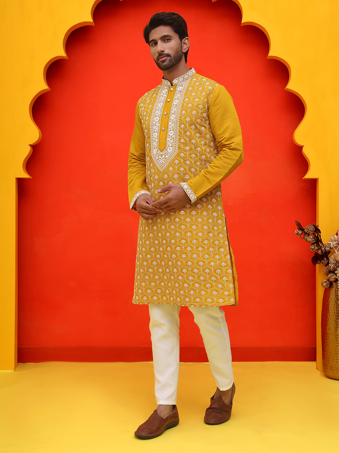 Embroidered Kurta Pyjama For Men ( JOKP P 5220 Mustard )