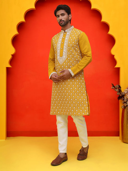 Embroidered Kurta Pyjama For Men ( JOKP P 5220 Mustard )