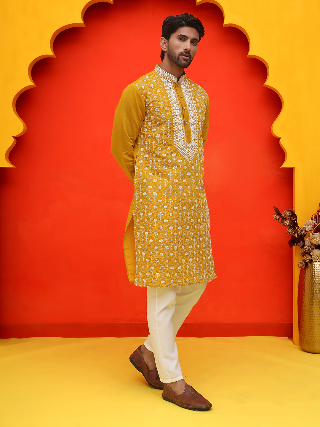 Embroidered Kurta Pyjama For Men ( JOKP P 5220 Mustard )
