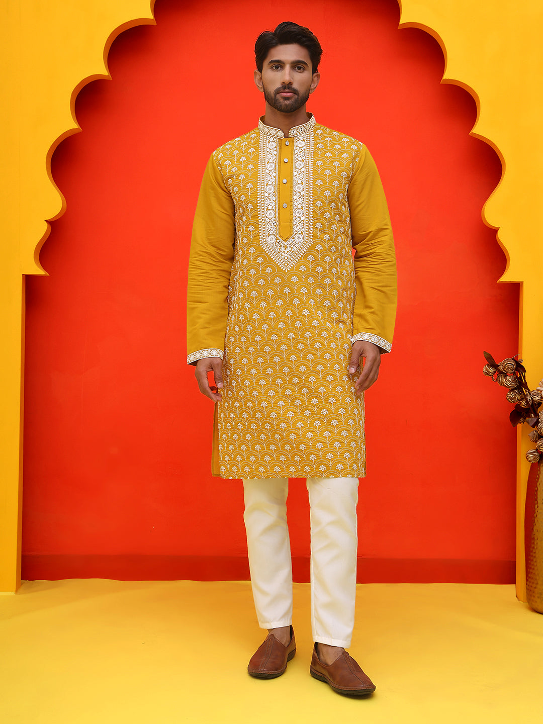 Embroidered Kurta Pyjama For Men ( JOKP P 5220 Mustard )