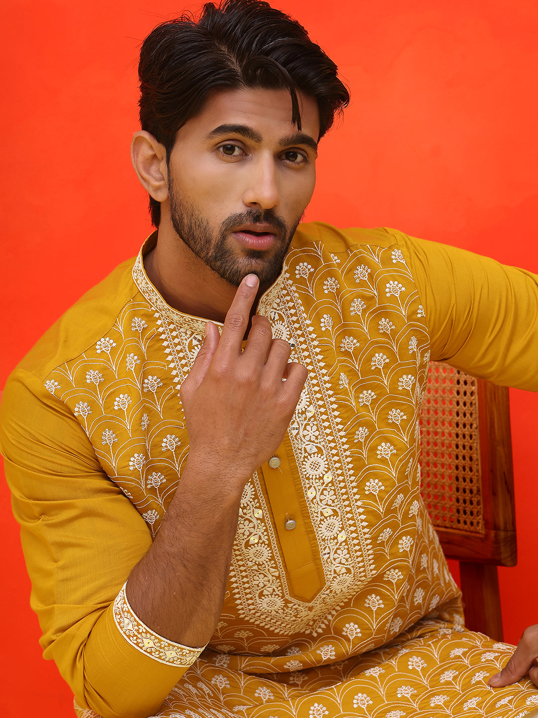 Embroidered Kurta Pyjama For Men ( JOKP P 5220 Mustard )