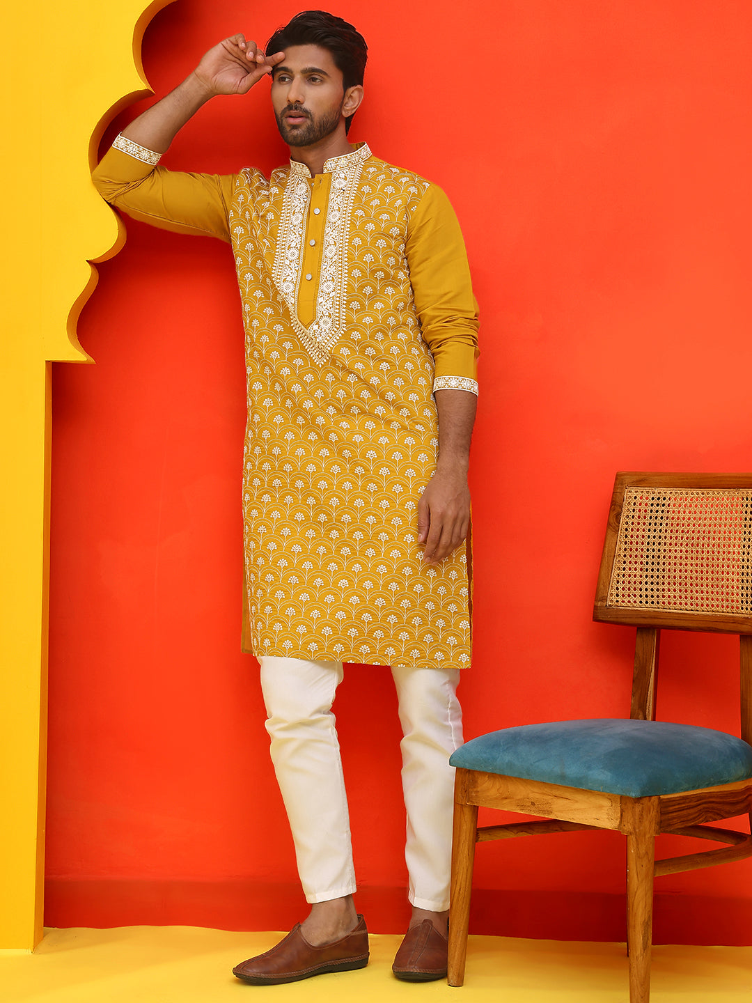 Embroidered Kurta Pyjama For Men ( JOKP P 5220 Mustard )