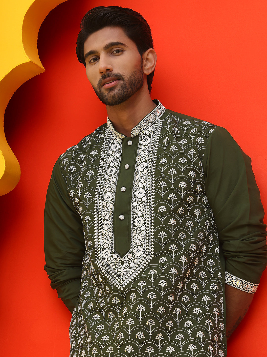 Embroidered Kurta Pyjama For Men ( JOKP P 5220 Olive )