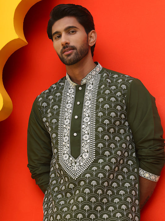 Embroidered Kurta Pyjama For Men ( JOKP P 5220 Olive )
