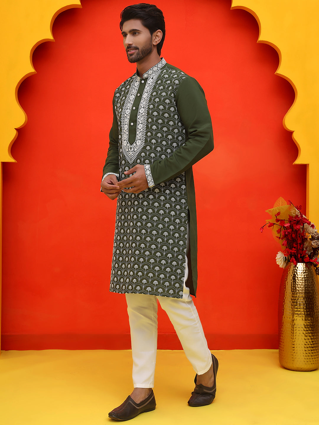 Embroidered Kurta Pyjama For Men ( JOKP P 5220 Olive )