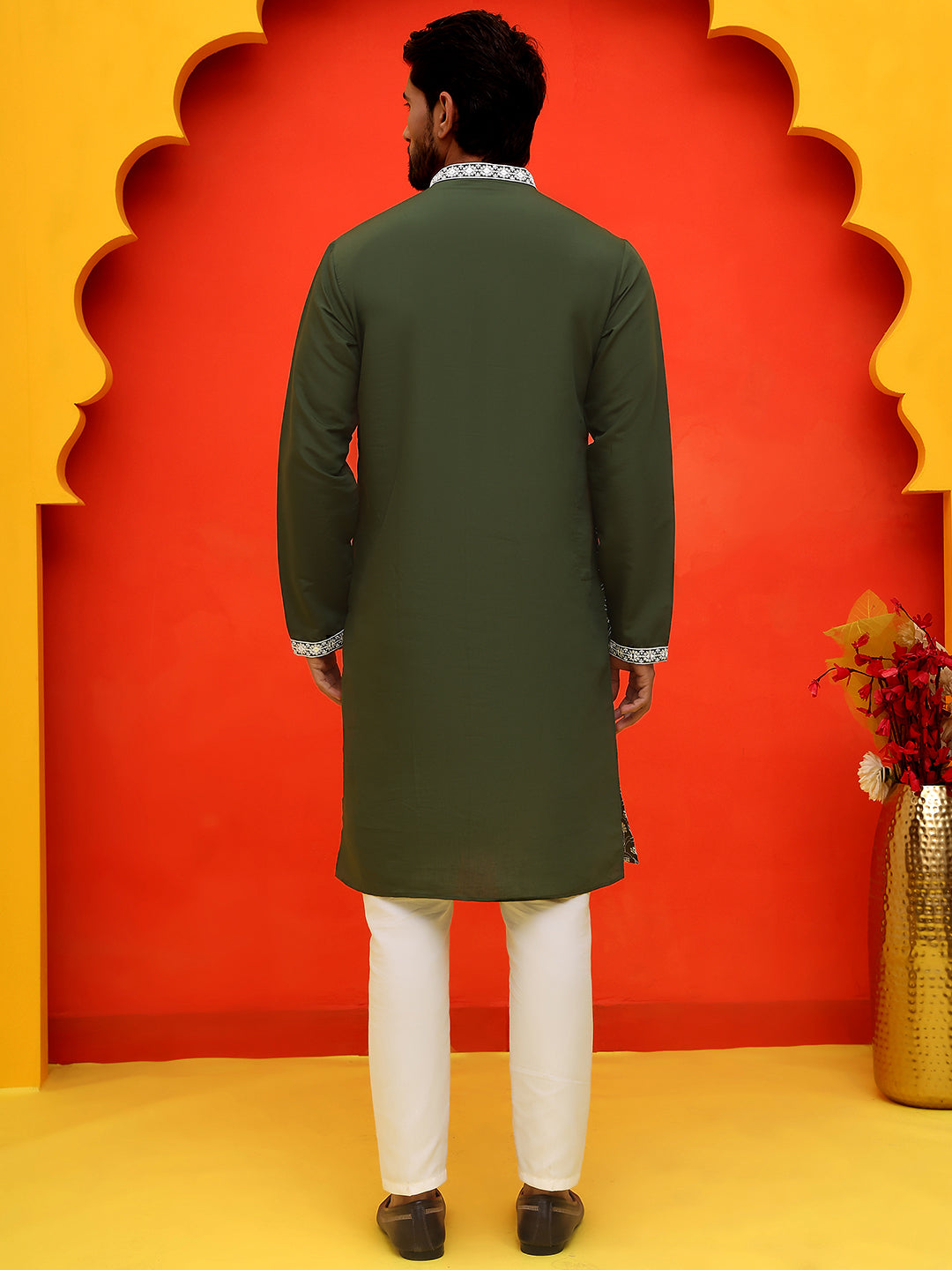 Embroidered Kurta Pyjama For Men ( JOKP P 5220 Olive )