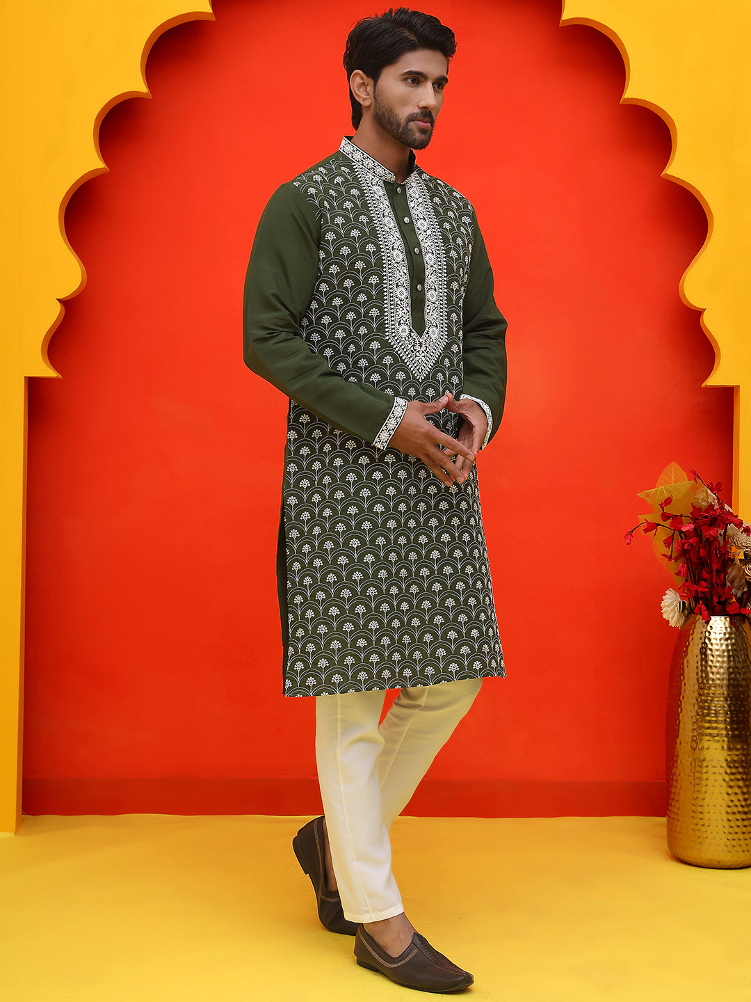 Embroidered Kurta Pyjama For Men ( JOKP P 5220 Olive )