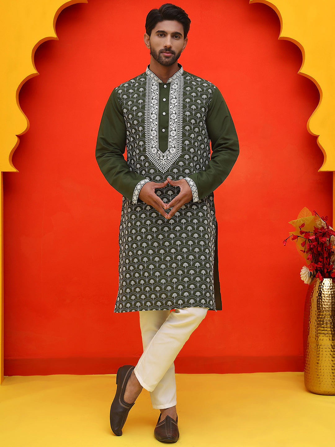 Embroidered Kurta Pyjama For Men ( JOKP P 5220 Olive )