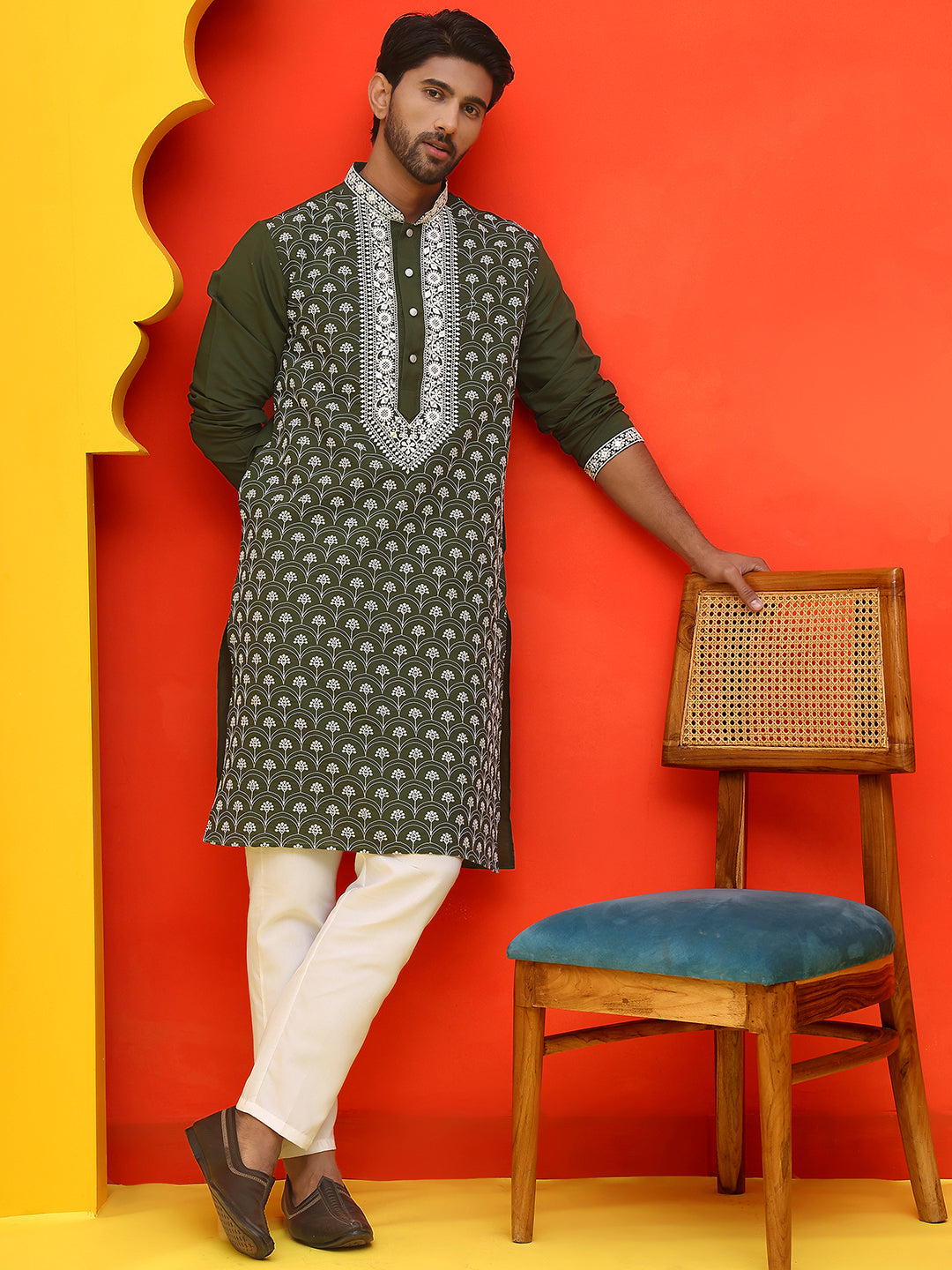 Embroidered Kurta Pyjama For Men ( JOKP P 5220 Olive )