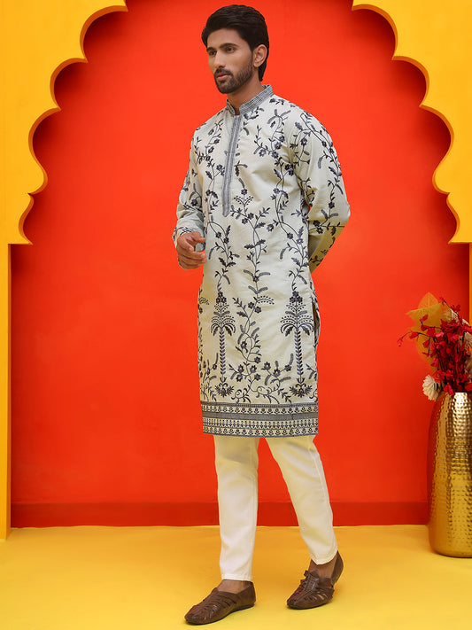 Chikankari Embroidered Kurta Pyjama For Men ( JOKP P 5221 Grey )