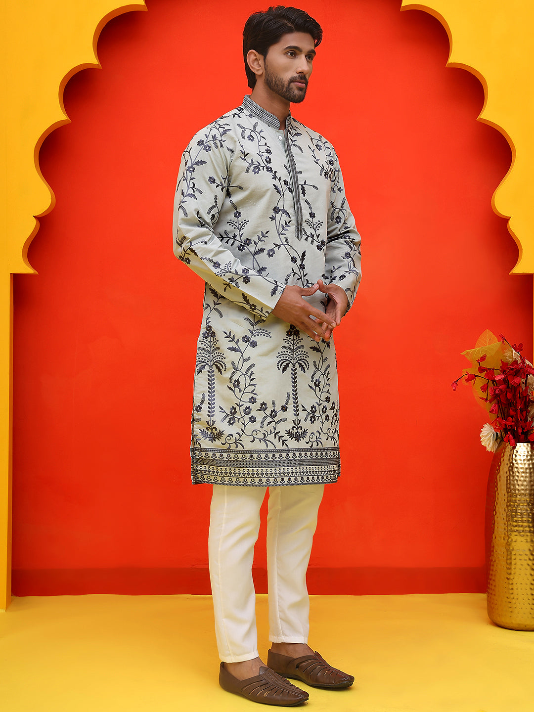 Chikankari Embroidered Kurta Pyjama For Men ( JOKP P 5221 Grey )