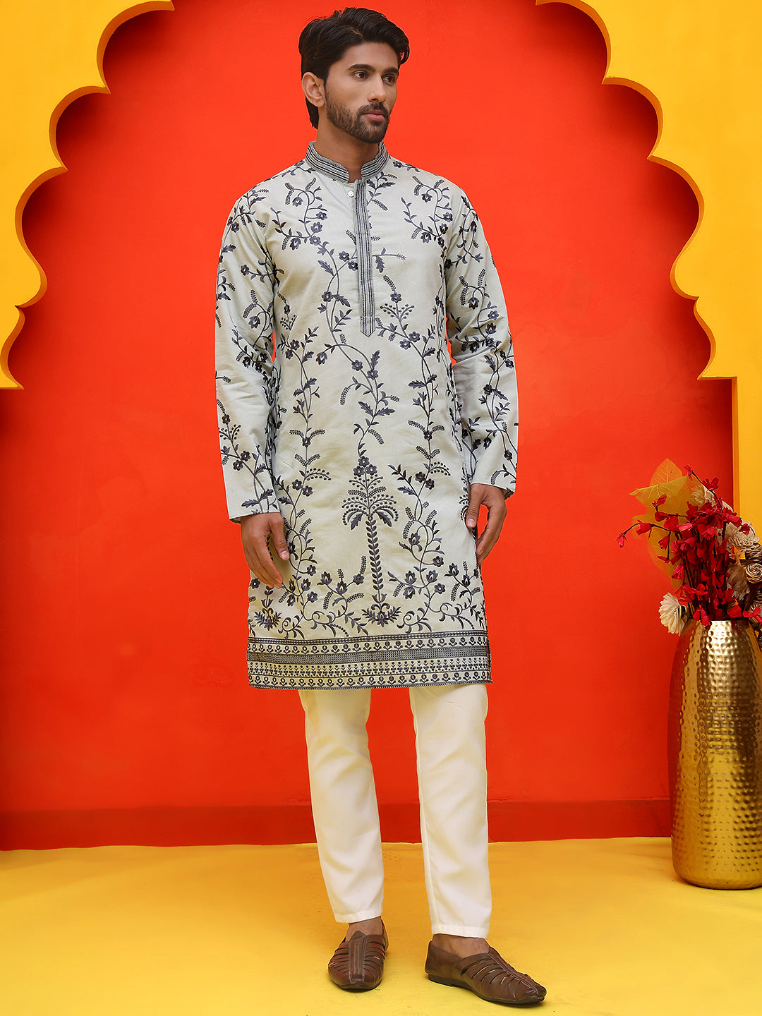 Chikankari Embroidered Kurta Pyjama For Men ( JOKP P 5221 Grey )